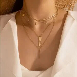 Gold Key and Bar Layered Necklace Gift Dainty Minimalist